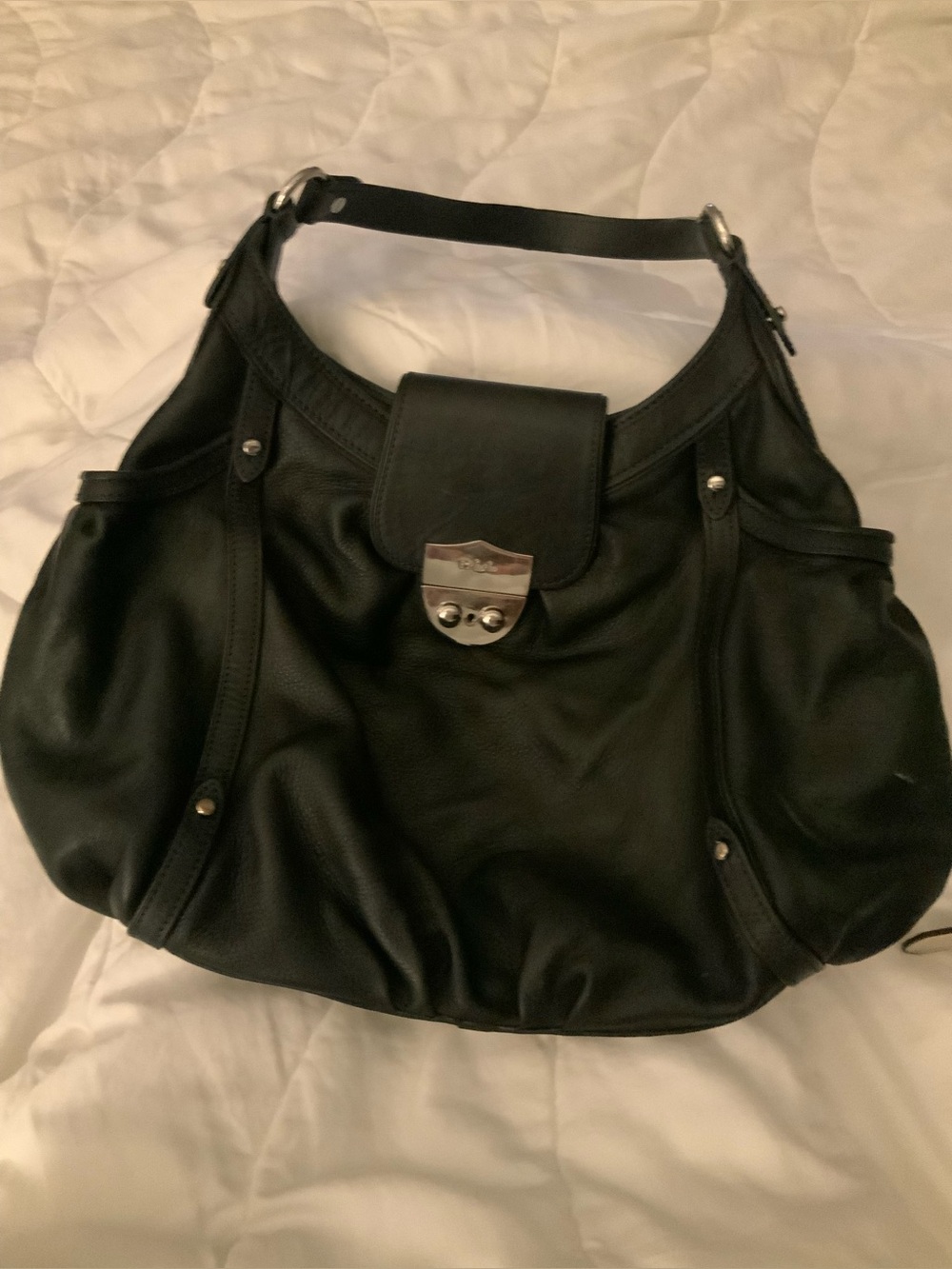 Lauren Ralph Lauren Black Leather Shoulder Bag with Silver-Tone Lock